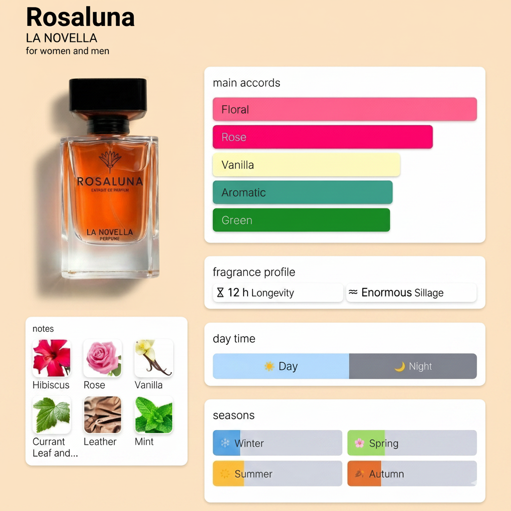 Rosaluna perfume bottle with fragrance profile details on a white background