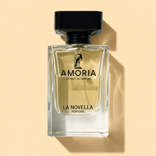 Amoria La Novella perfume bottle on a beige background