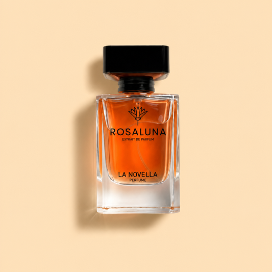 Perfume bottle labeled 'Rosaluna' on a beige background